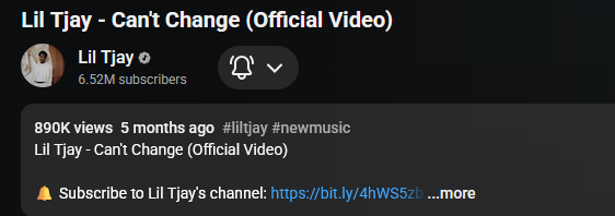 YouTube proof for Lil Tjay Can't Change.